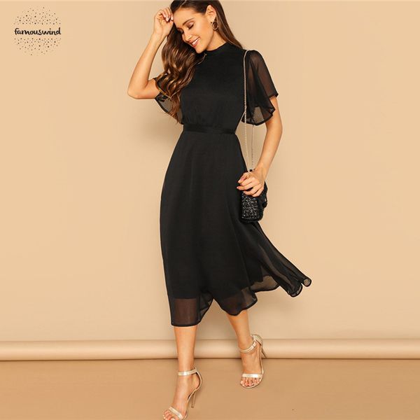 

black ladies flounce sleeve dress women 2019 summer back lace up midi dresses elegant sheer mesh dress, Black;gray