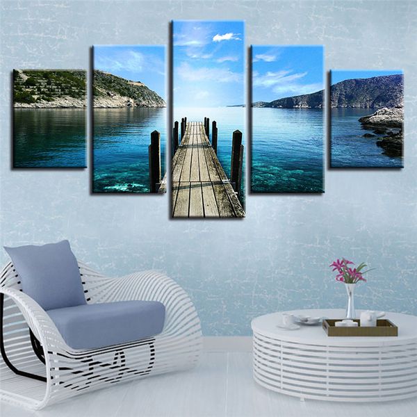 

5 panel unframed oil painting wall art canvas painting prints modern wooden bridge lake picture for living room decoration