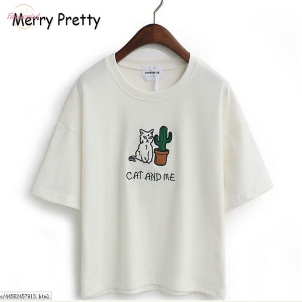 

harajuku t shirt women korean style t-shirt tee kawaii cat embroidery cotton shirt camiseta feminina drop ship, White