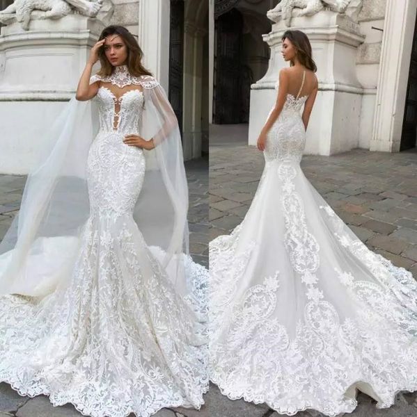 

new gorgeous mermaid lace wedding dresses with cape sheer plunging neck bohemian wedding gown appliqued plus size bridal vestidos de novia, White