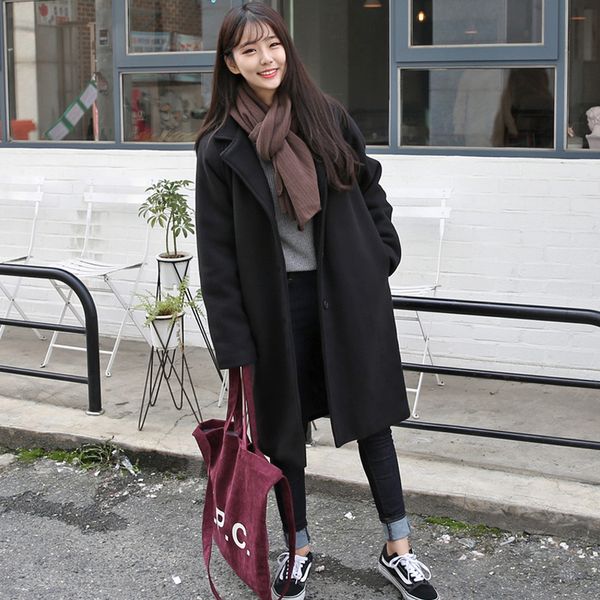 

women autumn winter black straight loose long woolen coat female single breasted notched outer overcoat manteau femme hiver
