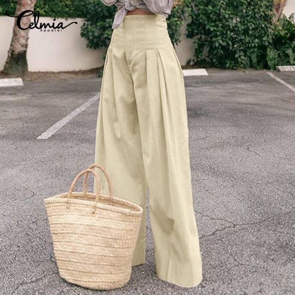 

women's pants & capris celmia fashion vintage high waist wide leg zipper casual trousers loose pleated solid female pantalon plus size, Black;white