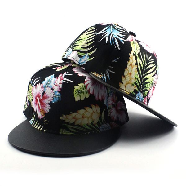 

new hawaiian floral print snapback hats fresh hibiscus baseball cap for women flower hawaii black flat bill visor hats gorras, Black;white