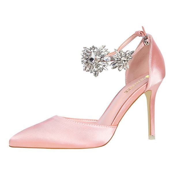 

elegant rhinestone high heels women pumps silk pointed toe wedding shoes women buckle strap crystal party shoes swb0025, Black