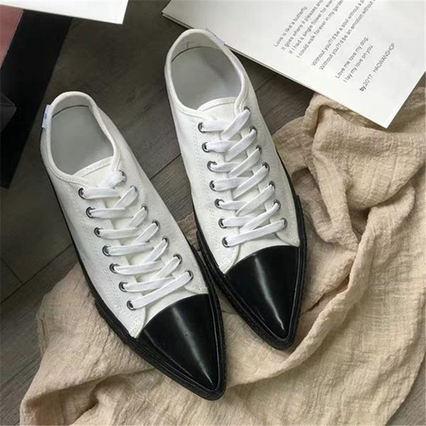 

lace up flat shoes women white black mixed colors pointed toe flats woman spring fashion canvas shoes