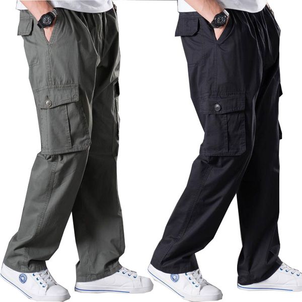 

spring and summer thin section casual pants men's large size size 6xl multi-pocket jeans men's elastic waist large overalls, Black