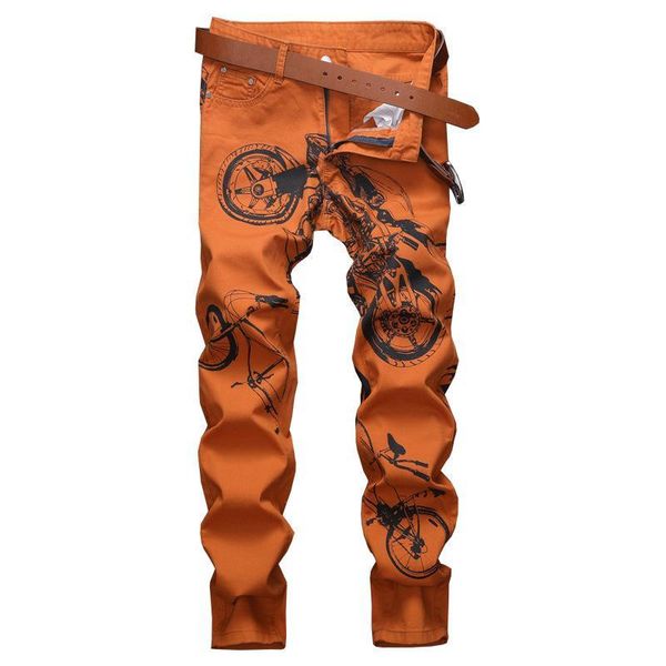 

mens fashion printed jeans pants high street painted denim trousers slim fit jean joggers club wear male pants, Blue