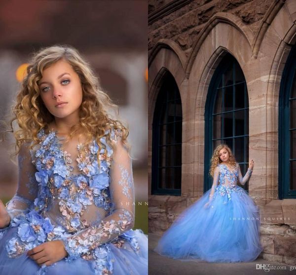 

blue princess flowers girls dresses for wedding long sleeve appliques beads ball gown kids pageant gowns first holy communion dress, White;red