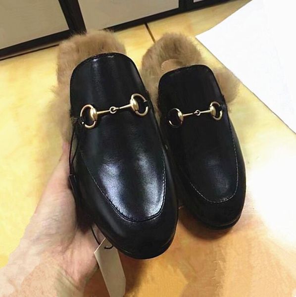

new designer genuine leather loafers fur muller slipper with buckle fashion women princetown ladies casual fur mules flats ing, Black