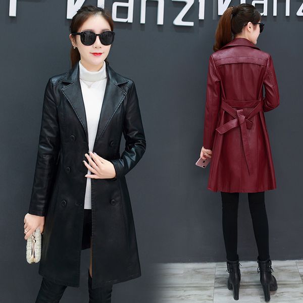 

2020 new korean spring autumn slim long trench coat women fashion casual pu leather coats female overcoats m157, Tan;black