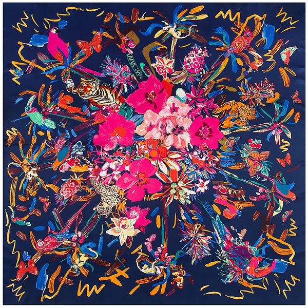 

130*130cm twill silk scarf parrot birds and flowers women square scarves new style tassel lady spring fashion female scarf party