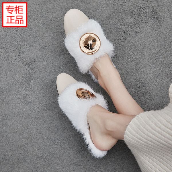 

2019 spring new style korean-style fluffy shoes women's winter outer wear slipper versatile flat loafers fur super fire s, Black