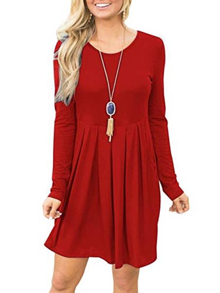 

fanfly women long sleeve loose casual pleated swing t shirt dress with pockets, Black;gray