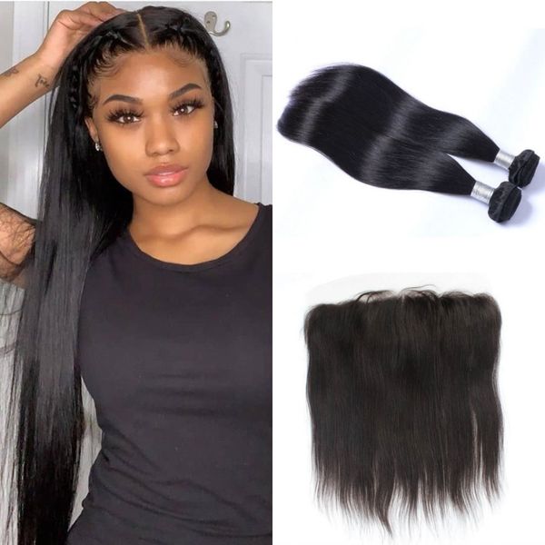 

13x4 lace frontal with 2 bundles straight peruvian human hair extensions with ear to ear frontal closure, Black;brown