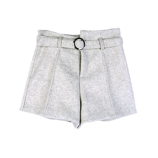 

women woolen shorts zipper sash button brown black apricot loose asymmetrical empire flare solid, White;black