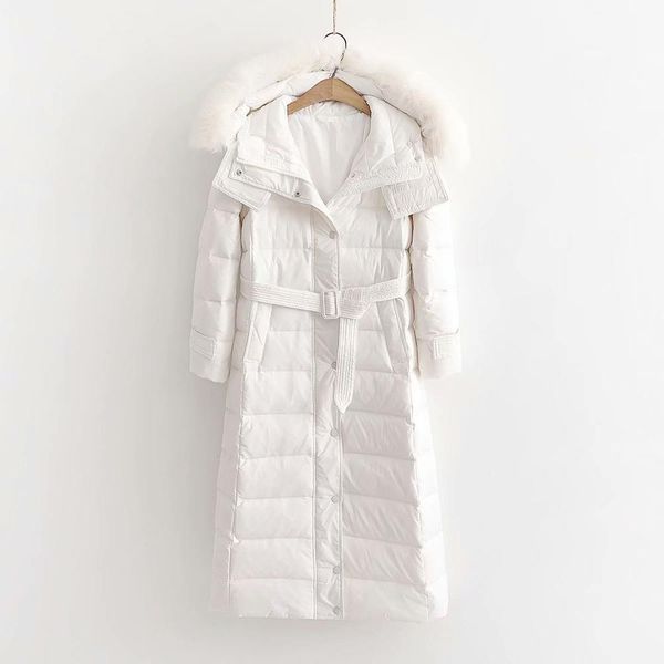 

women winter big real fur collar hoodied down jackets 2019 fashion girls ladies solid sash slim female warm simple long outwear, Black