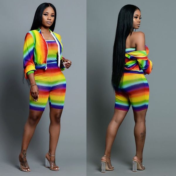 

womens designer l8089 cute rainbow printed bra jumpsuit two-piece set, White
