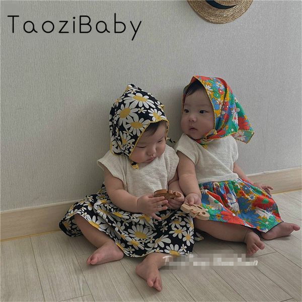 

baby bodysuit korean children's clothes 2020 summer new children's splicing clothing girl's dress with headscarf, Blue