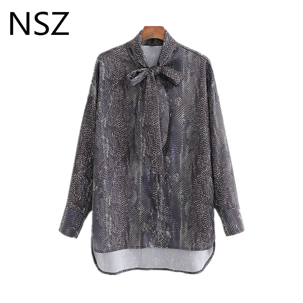 

nsz women animal printed asymmetry snake blouse bow tied shirt vintage fashion elegant blusa camisa, White