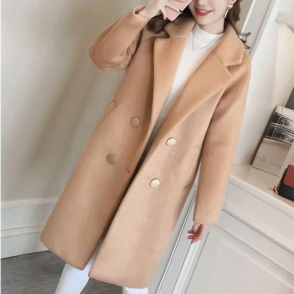 

2019 women solid jackets and coats vintage winter office ladies long sleeve button woolen coats, Black