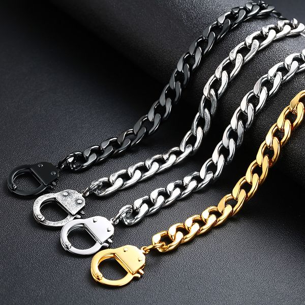 

24inch flast curb chains handcuff necklace pure stainless steel silver black gold tone heavet punk boy men jewelry 9.4mm