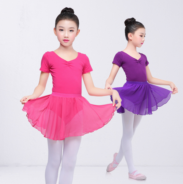 

2 pieces children long/short sleeve ballet leotards clothing set girls kids cotton dance training dress chiffon skirted leotard, White