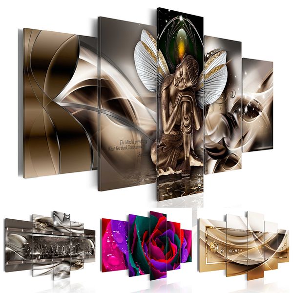 

5pcs/set fashion wall art canvas painting abstract metal architecture night scene, colorful rose flowers, the buddha with wings modern home