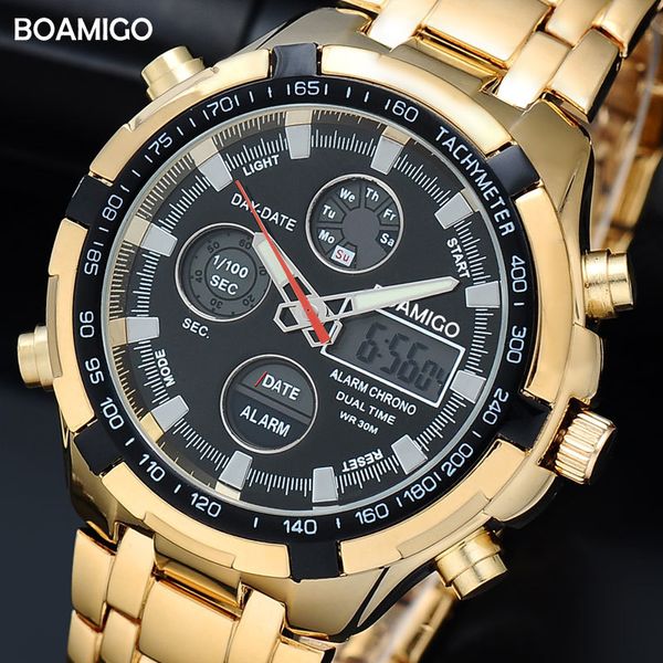 

boamigo brand watches military men sport watches auto date chronograph gold steel digital quartz wristwatches relogio masculino, Slivery;brown
