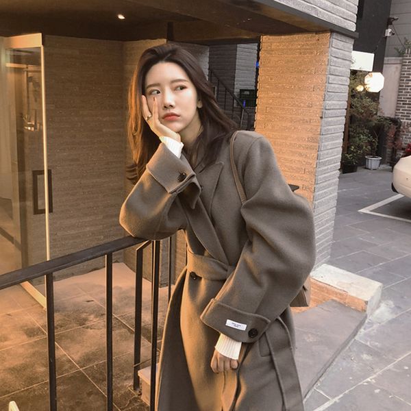 

wool coat women's long maxi camel brown coat winter wool blends runway brand warm 100% outfit high quality, Black