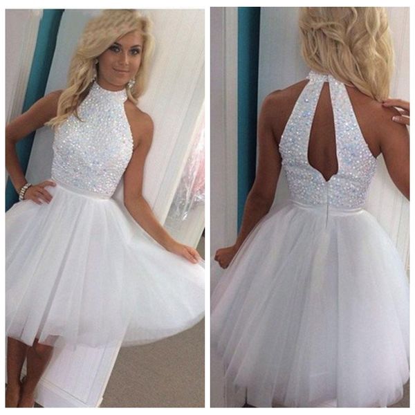 

2019 high neck a-line white tulle skirt homecoming dresses beaded short mini vestidos de soiree sleeveless prom gowns junior, Blue;pink