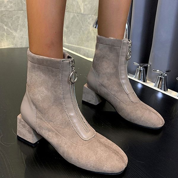 

women lady fashion front zipper boots keep warm lining ankle solid color flock cool autumn winter vintage elegant boots, Black