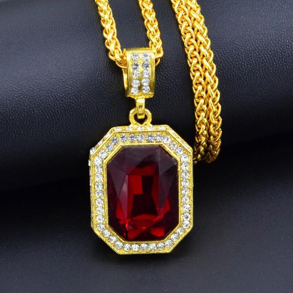 

fashion square red big crystal necklace personalized punk style men rhinestone long chain gold pendant necklaces hip hop jewelry, Silver