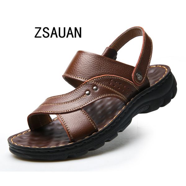 

zsauan men casual genuine leather sandals massage thick sole work daily slipper comfortable men's summer beach sandals, Black