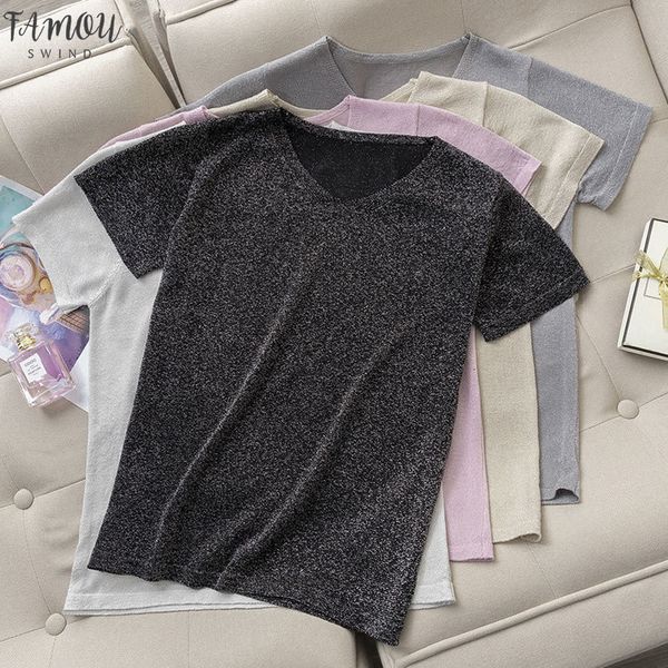 

women summer knitted t shirt short sleeve basic plus size short glitter knit v neck shiny female basic ice, White