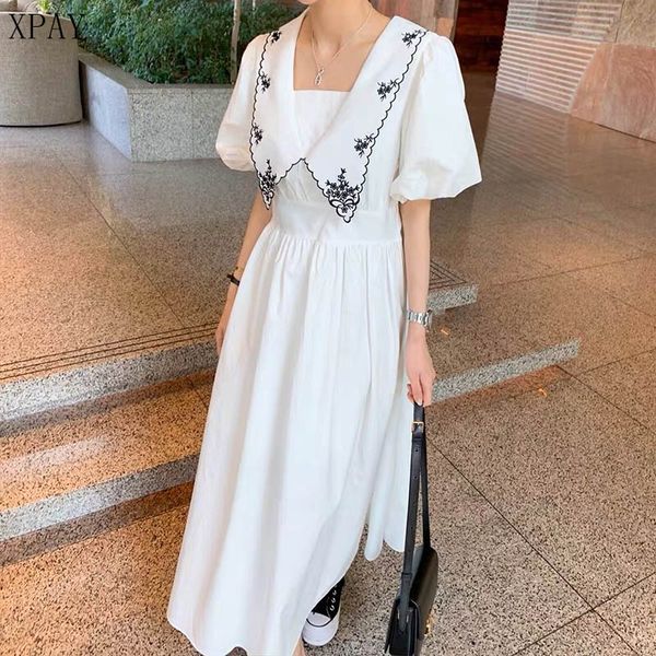 

2020 summer puff sleeves white florals dress vintage streetwear embroidery sweet vestidos lady elegant long party a-line dresses, Black;gray