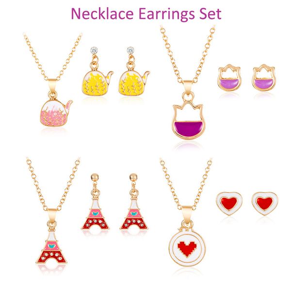 

fashion butterfly necklace set for women flower drop earing kettle tower heart pendant geometric beach jewelry, Silver