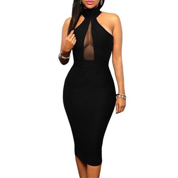 

womens beaded mesh sheer pencil solid dress bodycon sleeveless evening clubwear party dress female vestidos balck halter dresses, Black;gray