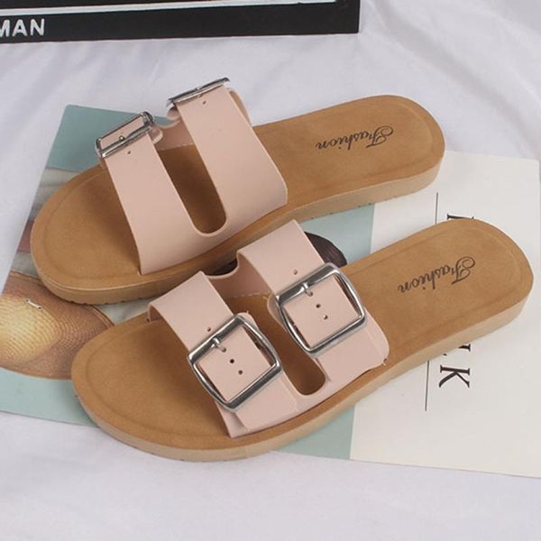 

breathable double buckles bring women's comfortable beach slippers ladies durable flat sandals women's shoes cartera mujer, Black