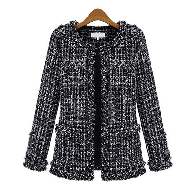 

autumn winter bomber jacket women new autumn thin grid coat plus size long sleeve round neck slim pocket tweed jacket mt1705, Black;brown