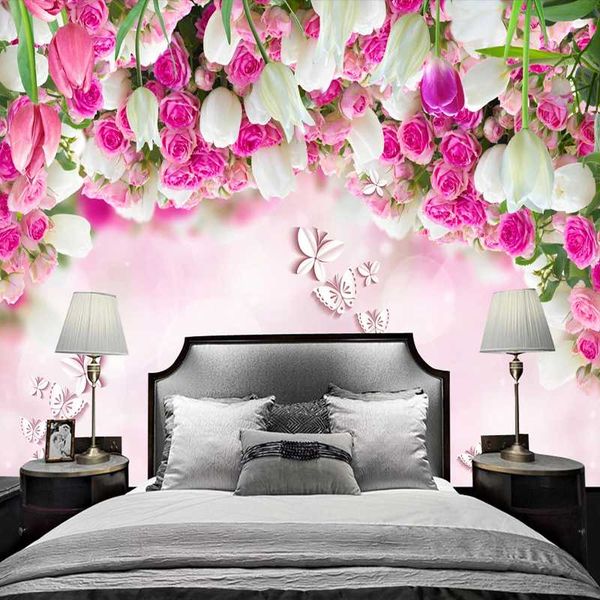 

wallpapers custom po 3d white tulip red rose flowers butterfly tv background wall painting living room bedroom decor wallpaper murals