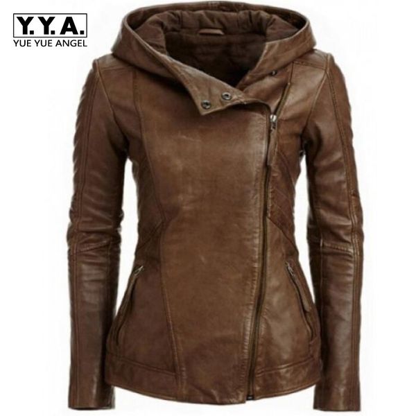 

retro spring ladies pu leather jackets punk fashion womens faux leather hooded vintage biker jacket zipper coats ing, Black