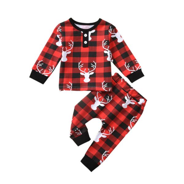 

2-7 years baby girls boys christmas sets home party long sleeve plaid elk long pants cotton outfit set, White