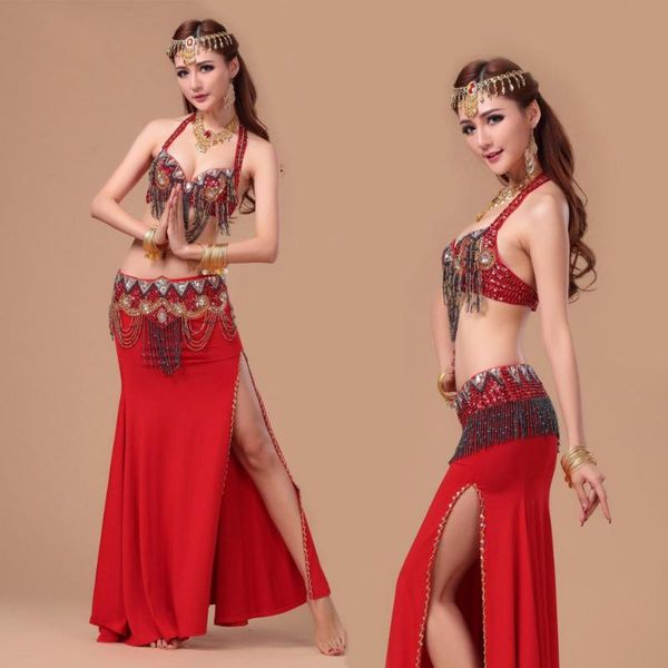 

производительность 8 цветов женщины dancewear профессиональный размер s-l 3шт outfit бюстгальтер пояс юбки длинные бусы восточный костюм тан, Black;red