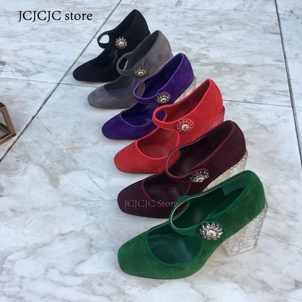 

women's pumps genuine leather fashion high square heel pointed toe party spring shoes handmade shallow pumps transparent heel, Black