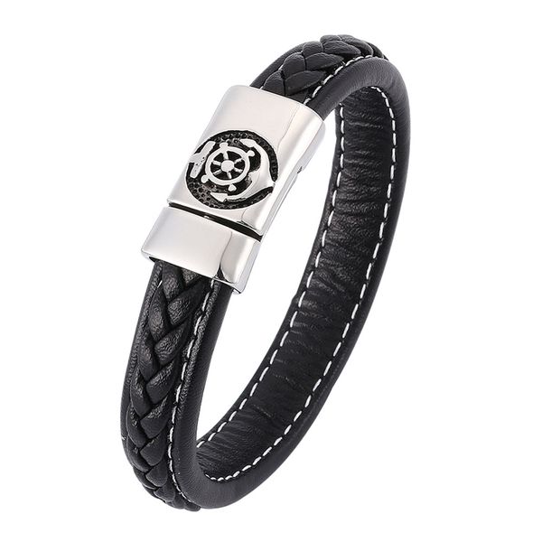 

fashion men anchor pattern steel bracelet black personality leather woven leather bracelet for men jewelry gift bb0348, Golden;silver