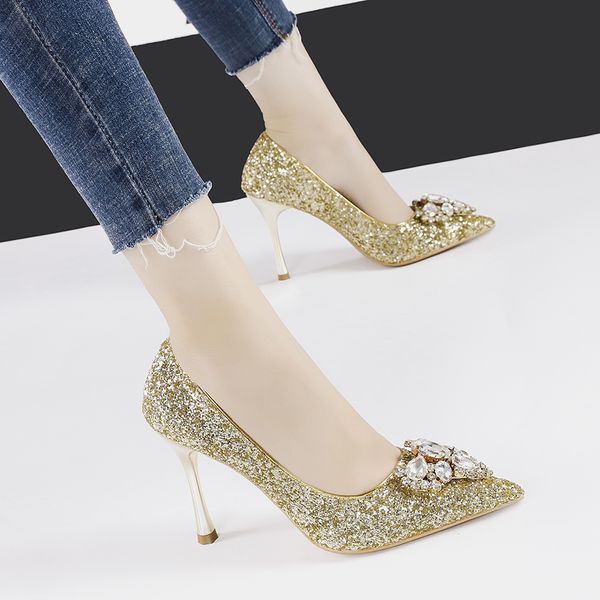 

woman rhinestone pumps high heels shoes glitter bling slip on slides luxury pointed toe sandals wedding shoes zapatos mujer, Black