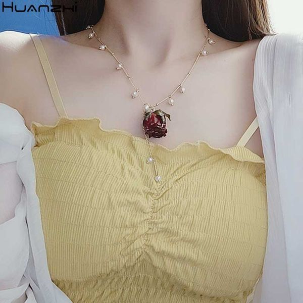 

huanzhi 2020 нового vintage natural real rose flower подвеска имитация жемчуг элегантного choker ожерелье для женщин ювелирных изделий, Silver