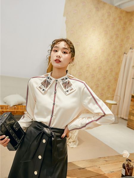 

women poker print collar shirts new designer runway long sleeve femme clothing women office lady blouse, White