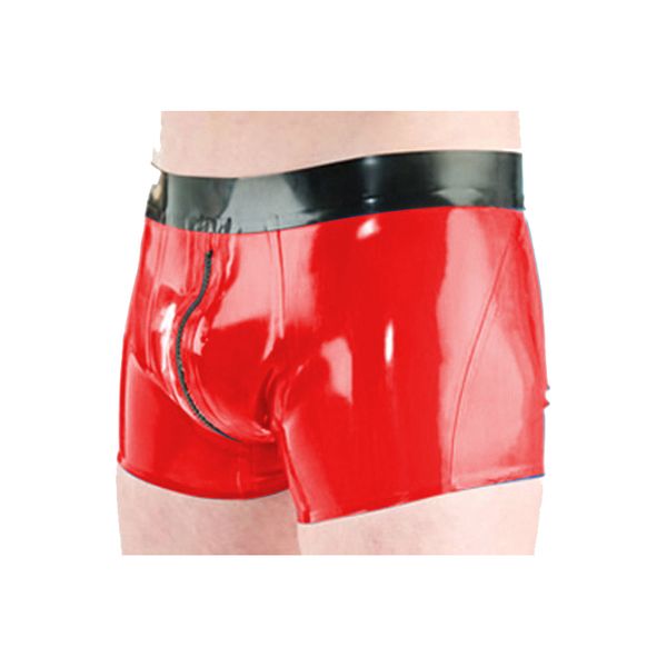 Biancheria intima da uomo in lattice di gomma nera con vita nera e boxer rosso con pantaloncini con cerniera taglia XXS-XXL