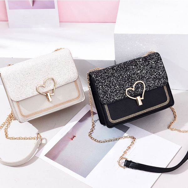 

2019 new arrival women bag crossbody bags for women heart buckle handbag glitter sequins chain shoulder bag pu leather handbags